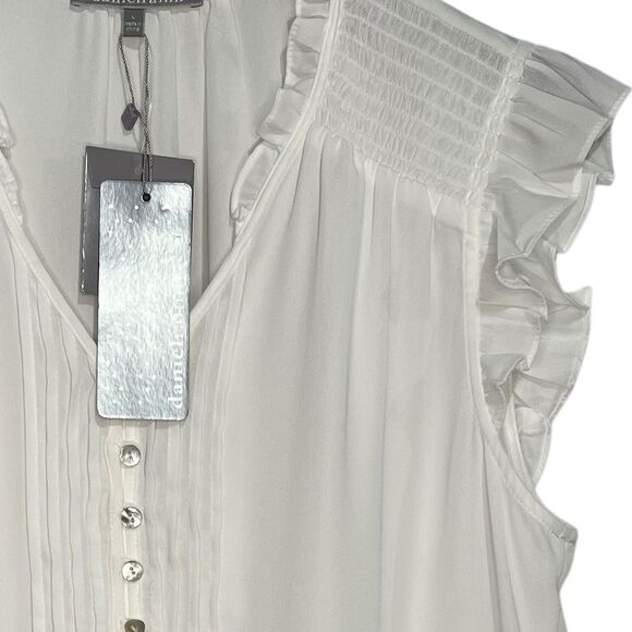 Daniel Rainn Smocked Ruffle Trim Blouse Top Womens Large White Short Sleeve - Picture 2 of 6